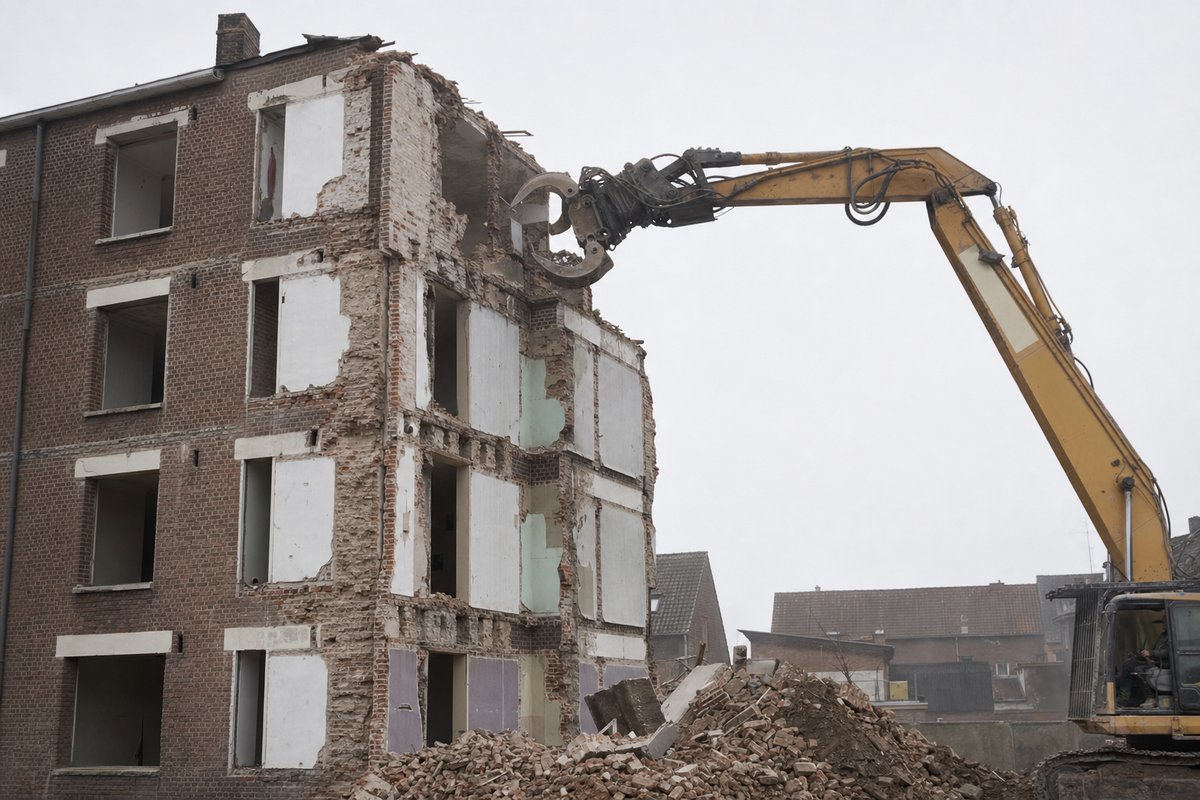 Teilweise abgerissenes Nachkriegs-Mehrfamilienhaus in Aachen, Backsteinfassade mit freigelegtem Mauerwerk neben den Fensterlaibungen, Bagger mit Abbruchgreifer, diesiges Licht der Voreifel.