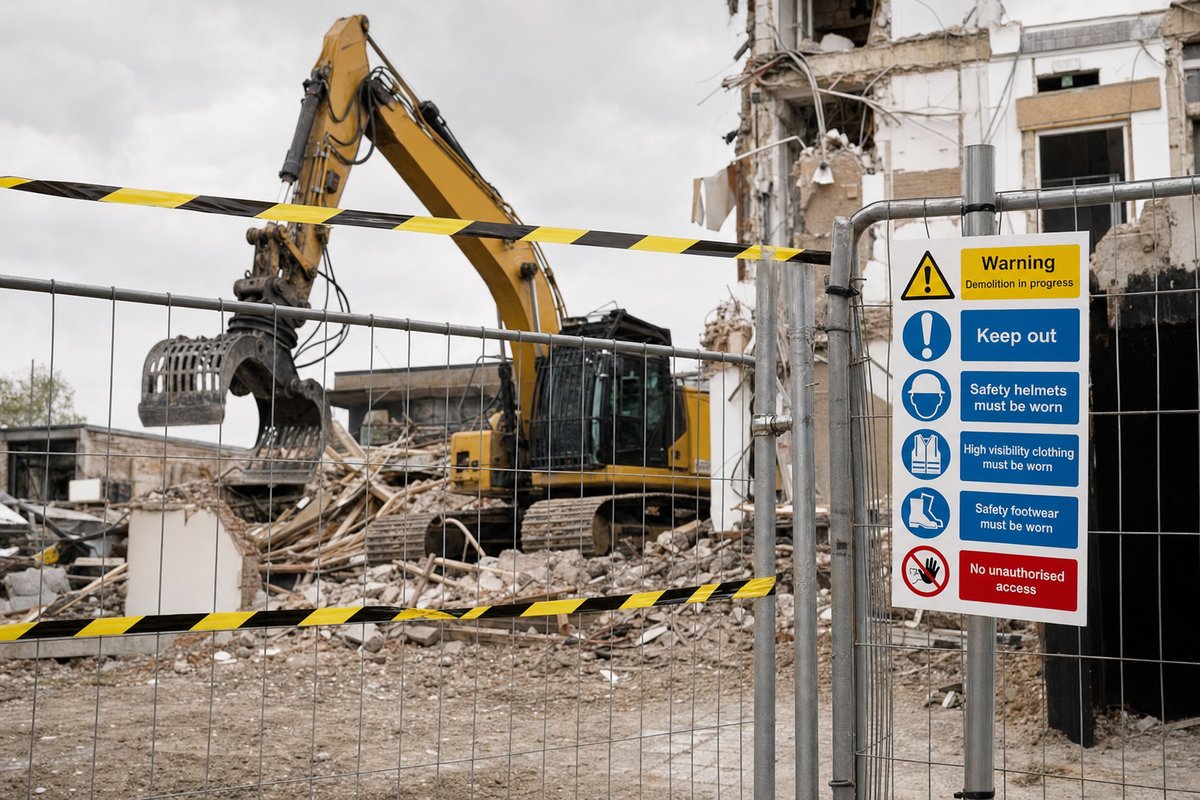 Absperrzaun mit gelb-schwarzem Warnband um eine Abbruchbaustelle, im Hintergrund ein Bagger mit Abbruchgreifer.