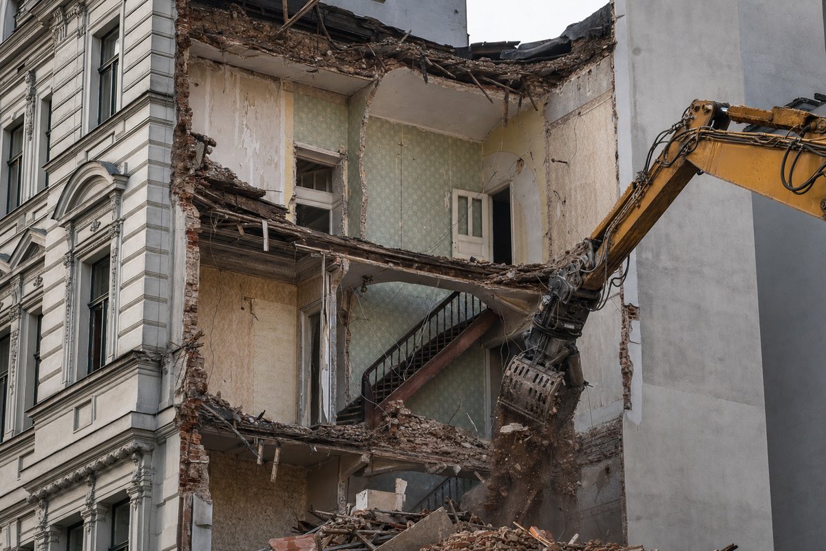 Teilweise abgerissene Gründerzeit-Fassade mit freigelegtem Treppenhaus, Bagger mit Abbruchgreifer, kühles Berliner Licht.