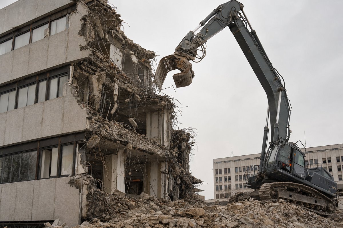 Teilabriss eines Verwaltungsbaus aus der Bonner Regierungszeit, graue Betonfassade mit freigelegter Bewehrung, Bagger mit Abbruchgreifer im Einsatz, gedämpftes rheinisches Nachmittagslicht.