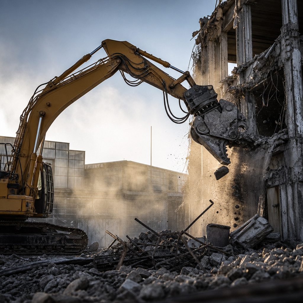Hydraulikbagger mit Abbruchgreifer reißt eine Betonfassade auf einer Abbruchbaustelle ein, Staub in der Nachmittagssonne.