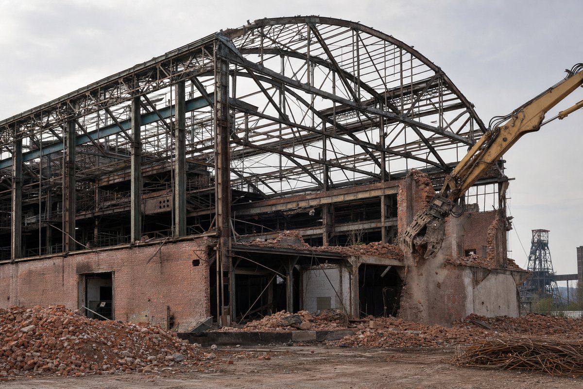 Ehemalige Werkshalle einer Zeche im Teilrückbau, freigelegter Stahlfachwerk-Dachstuhl über rotem Backsteinsockel, Bagger mit Abbruchgreifer, diesiges Ruhrgebietslicht.