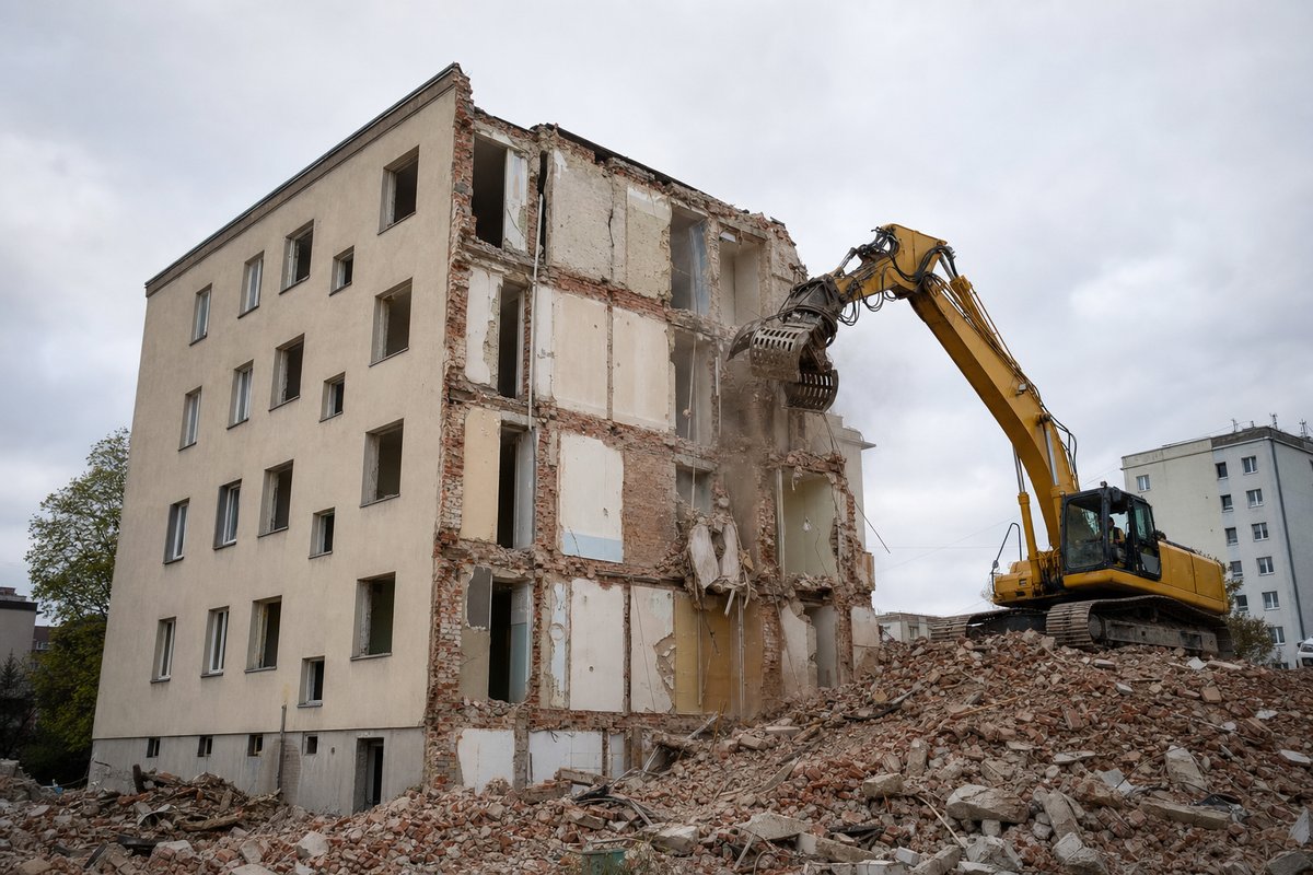 Nachkriegs-Wohnblock in Dresden im Teilabriss, verputzte Fassade mit freigelegtem Ziegelmauerwerk, Bagger mit Abbruchgreifer, sächsisches Streiflicht.