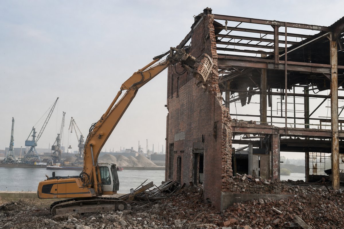 Rückbau einer alten Lagerhalle am Duisburger Hafen, rote Backsteinfassade mit freigelegtem Stahlskelett, Bagger mit Abbruchgreifer vor Kulisse von Hafenkränen, diesiges Ruhrgebietslicht.