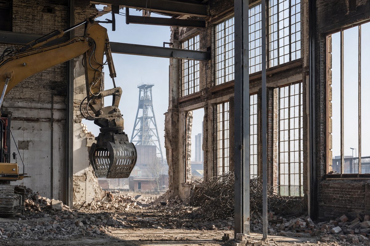 Ehemalige Werkshalle aus Backstein mit Industriefenstern im Teilabriss, freigelegte Stahlträger, Bagger mit Abbruchgreifer, im Hintergrund die Silhouette eines Fördergerüsts, diesiges Ruhrgebietslicht.
