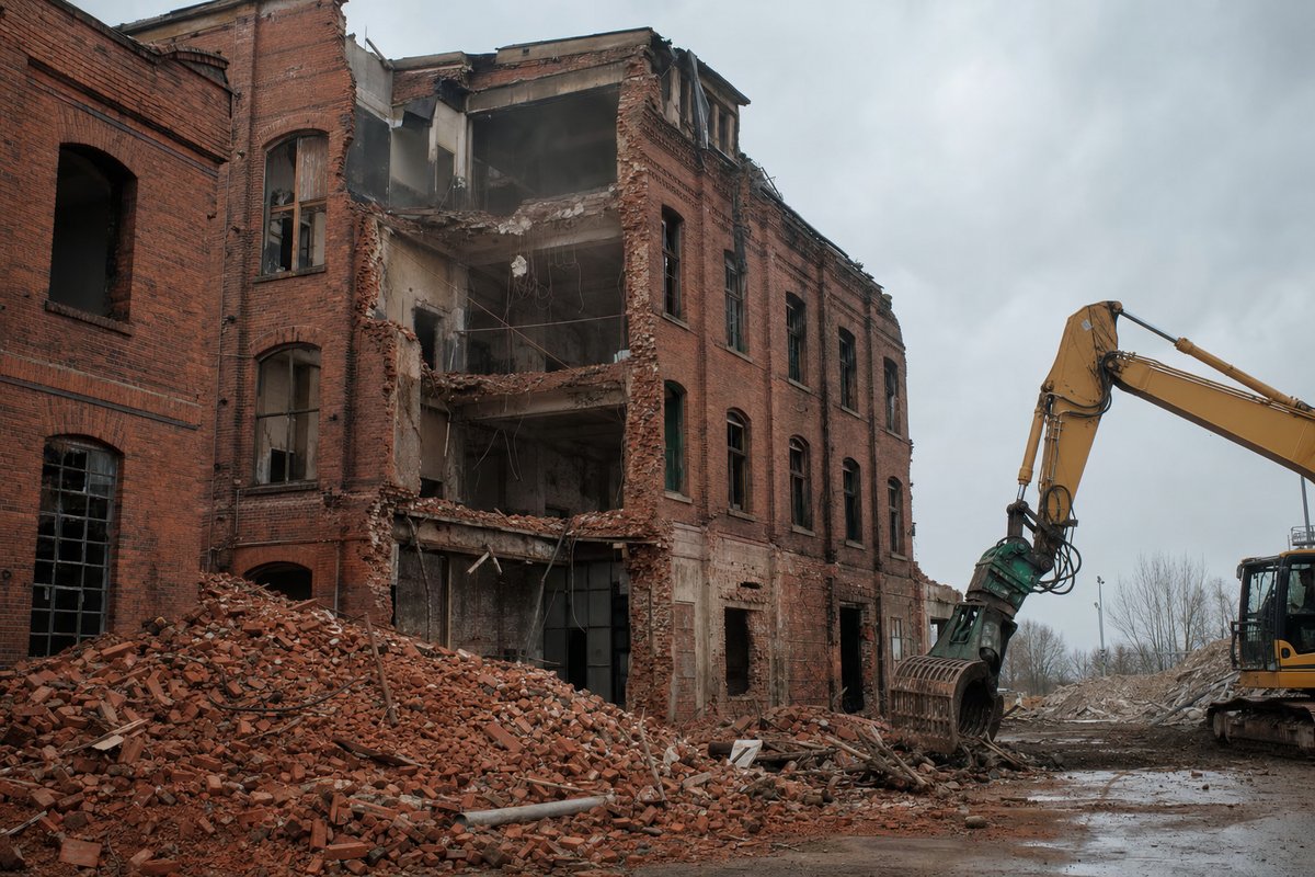 Teilweise abgerissenes altes Backsteingebäude, Ziegelschutt am Boden, Bagger mit Abbruchgreifer, feuchtes norddeutsches Licht.