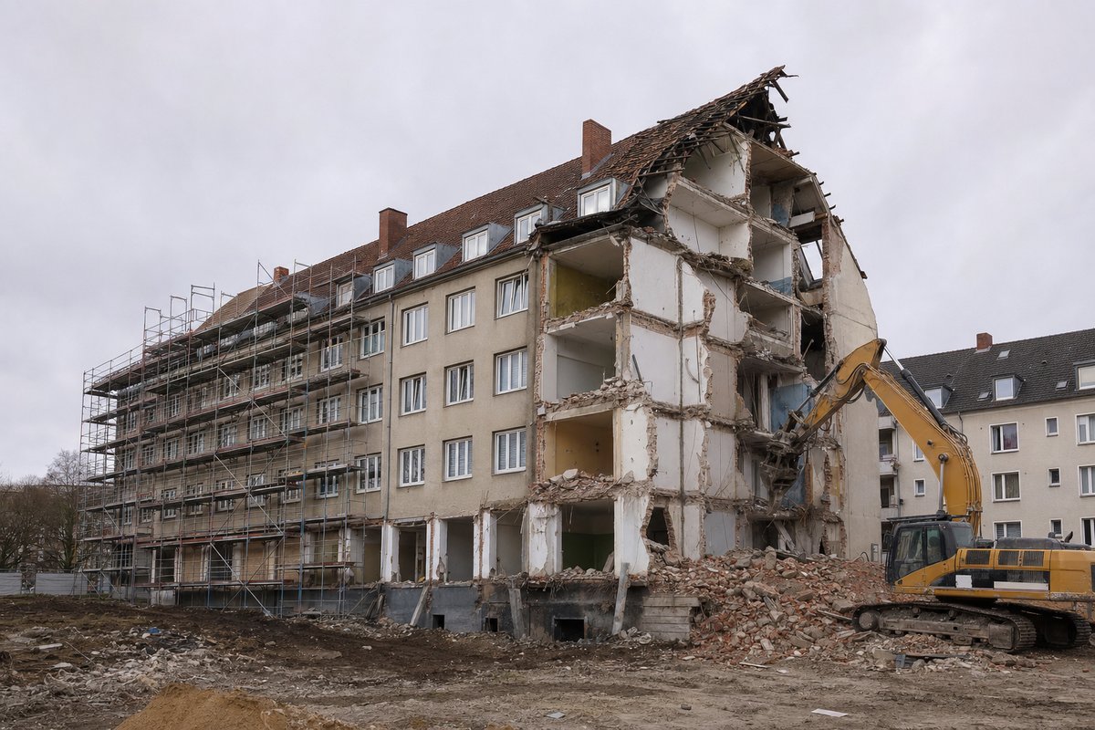 Teilweise abgerissenes Nachkriegs-Wohngebäude mit Gerüst auf einer Seite, Bagger im Einsatz, bedecktes norddeutsches Licht.