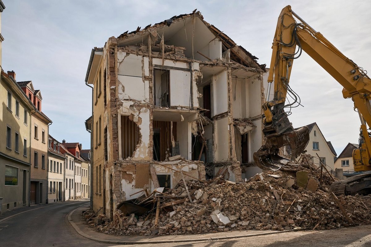 Teilweise abgerissenes Nachkriegs-Wohnhaus an einer der vom Schlossturm ausgehenden Fächerstraßen, Bagger mit Abbruchgreifer an einer schmalen, spitzwinkligen Grundstücksecke, klares badisches Licht.