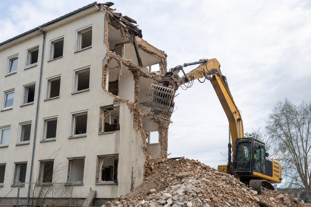 Verputzte Nachkriegs-Fassade eines Rheinland-Mietshauses teilweise abgerissen, Ziegel unter dem Putz sichtbar, Bagger im Einsatz.