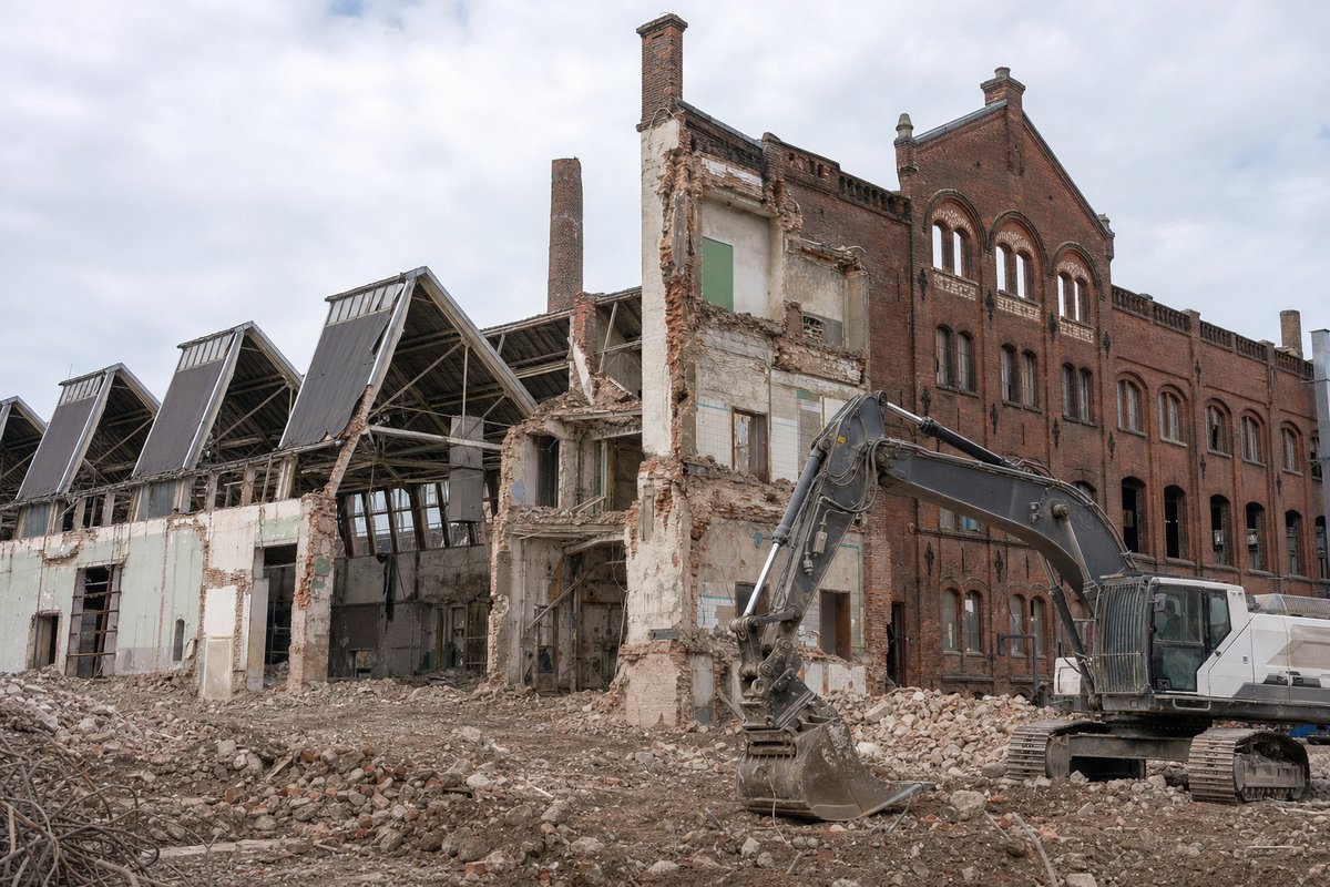 Teilweise abgerissenes historisches Fabrikgebäude aus rotem Backstein mit freigelegter Sheddach-Halle, Bagger vor der ehemaligen Weberei-Fassade, bedecktes Licht am Niederrhein.