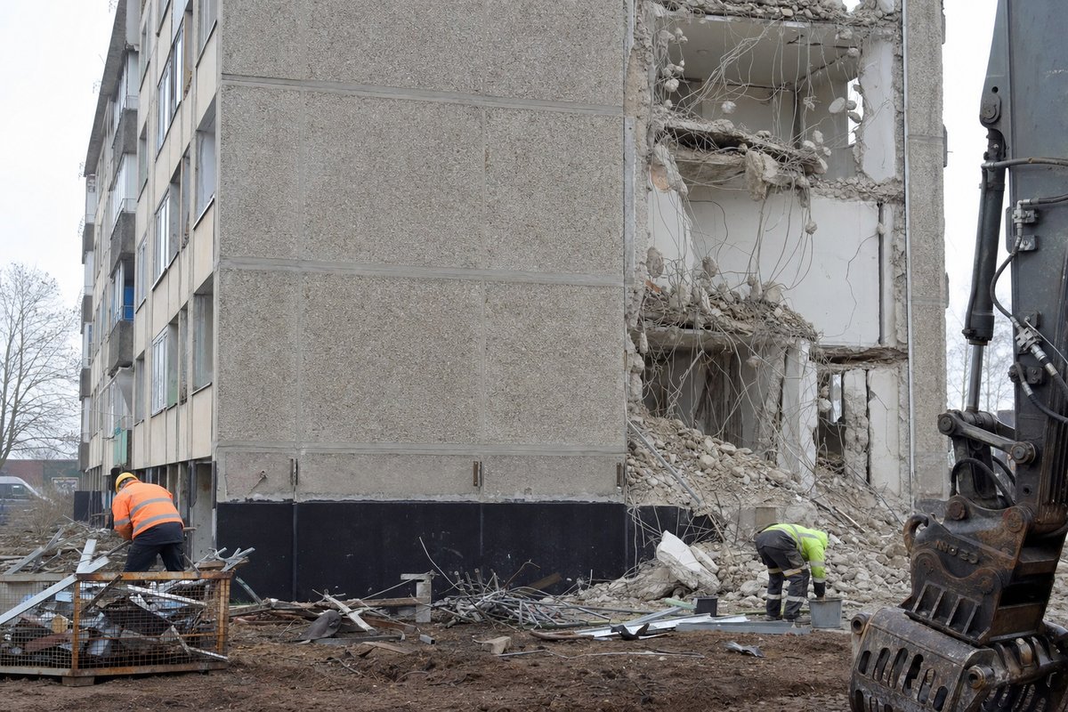 DDR-Plattenbau aus Betonfertigteilen im Teilabriss, Schutt und Bewehrungsstahl am Boden, Arbeiter sortieren Material, bedecktes Licht in Sachsen-Anhalt.