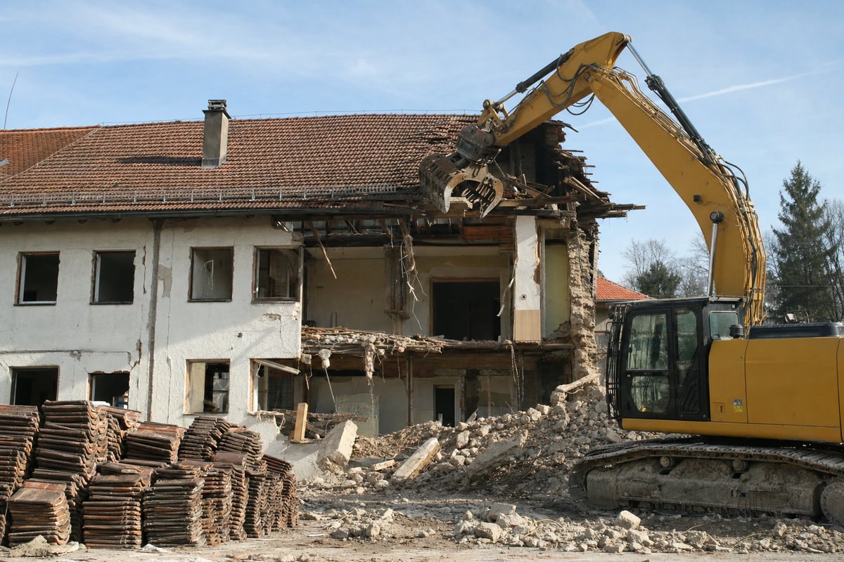 Bayerisches Gebäude mit flachem Ziegeldach im Teilabriss, gestapelte Dachziegel, Bagger mit Abbruchgreifer, helles Licht.