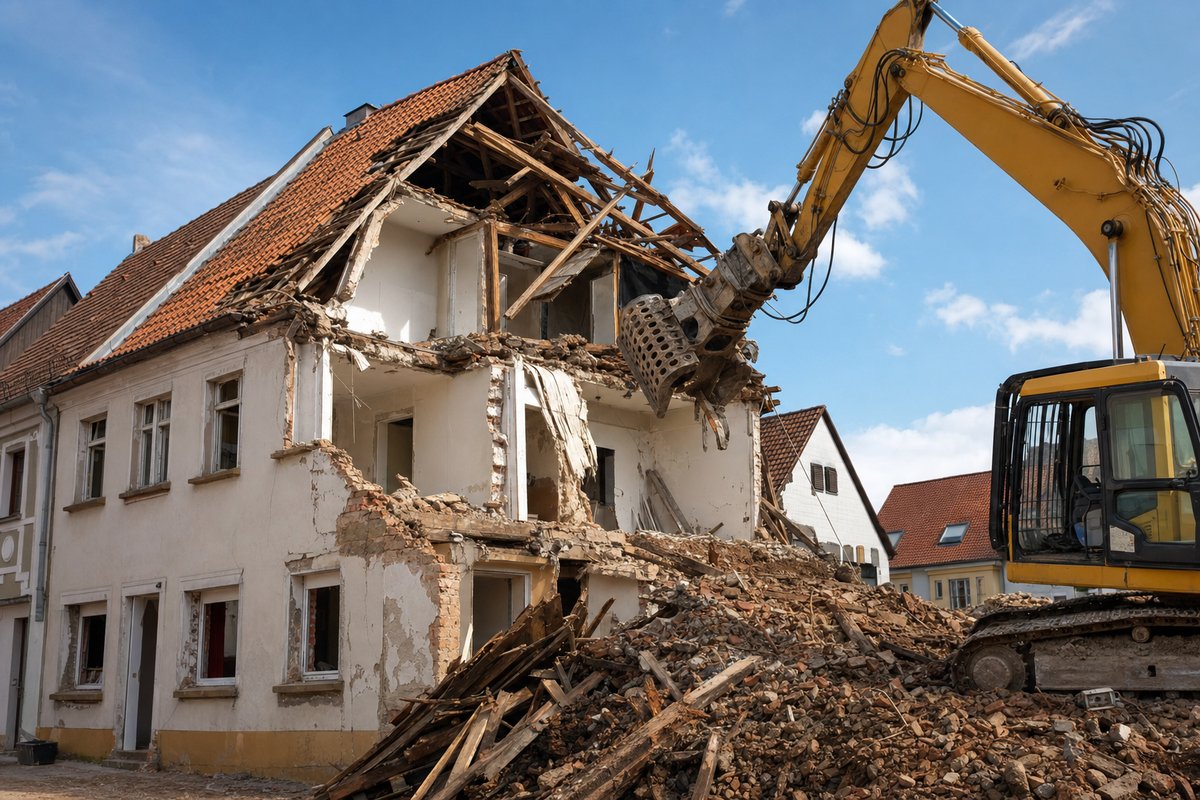 Fränkisches Gebäude mit steilem Giebeldach im Teilabriss, freigelegter Dachstuhl, Bagger mit Abbruchgreifer, warmes fränkisches Nachmittagslicht.