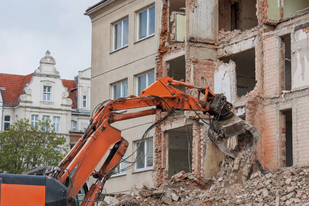 Teilabriss eines verputzten DDR-Wohnblocks in Potsdam-Zentrum, Bagger mit Abbruchgreifer vor freigelegtem Ziegelmauerwerk, im Hintergrund eine sanierte Barockfassade, mildes brandenburgisches Licht.